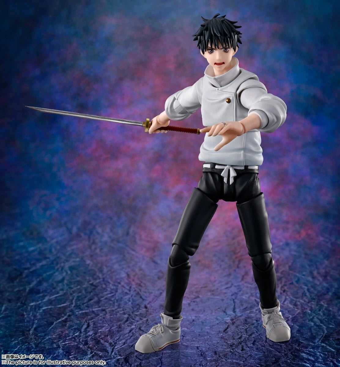 A collectible action figure of the character Yuji Itadori from Jujutsu Kaisen, posed mid-action holding a katana sword. The figure is wearing a light gray hoodie, black pants, and white sneakers, set against a textured blue and purple background. Jujutsu Kaisen 0: The Movie S.H.Figuarts Yuta Okkotsu Authentic 15cm Articulated Action Figure – Prequel Special Grade Edition