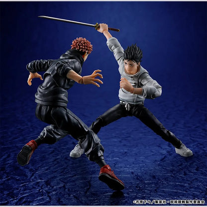 Two action figures in a dynamic pose on a blue textured background Jujutsu Kaisen 0: The Movie S.H.Figuarts Yuta Okkotsu Authentic 15cm Articulated Action Figure – Special Grade Jujutsu Sorcerer Edition fight
