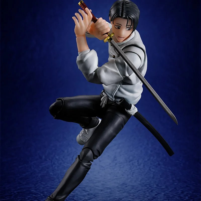 Action figure of a character in a dynamic pose with a sword on a blue background Jujutsu Kaisen 0: The Movie S.H.Figuarts Yuta Okkotsu Authentic 15cm Articulated Action Figure – Special Grade Jujutsu Sorcerer Edition jump
