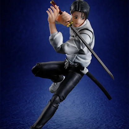Action figure of a character in a dynamic pose with a sword on a blue background Jujutsu Kaisen 0: The Movie S.H.Figuarts Yuta Okkotsu Authentic 15cm Articulated Action Figure – Special Grade Jujutsu Sorcerer Edition jump