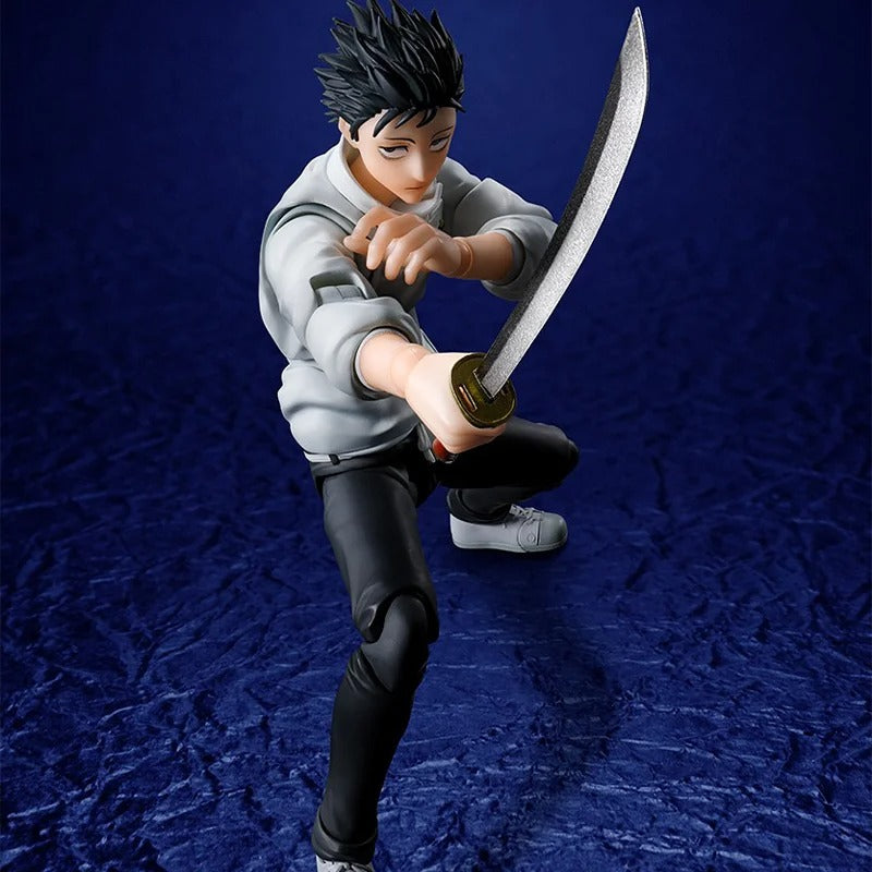 Figure of a character in a dynamic pose with a sword against a blue textured background Jujutsu Kaisen 0: The Movie S.H.Figuarts Yuta Okkotsu Authentic 15cm Articulated Action Figure – Special Grade Jujutsu Sorcerer Edition sword