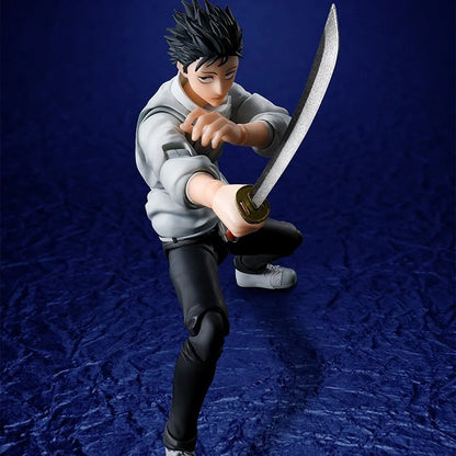 Figure of a character in a dynamic pose with a sword against a blue textured background Jujutsu Kaisen 0: The Movie S.H.Figuarts Yuta Okkotsu Authentic 15cm Articulated Action Figure – Special Grade Jujutsu Sorcerer Edition sword