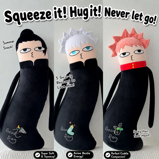 Three plush toys with different hairstyles and text descriptions on a gray background Jujutsu Kaisen Cute Derpy 100cm Huggable Memory Foam Body Pillow – Gojo Satoru, Geto Suguru & Itadori Yuuji Ultra-Soft Ergonomic Cuddle Companion Series