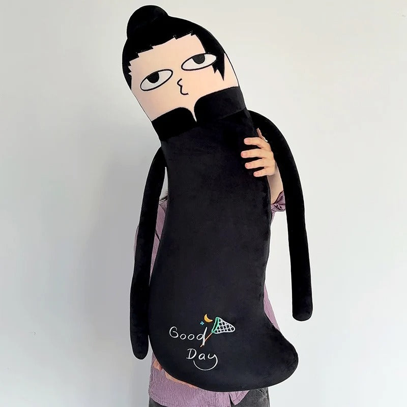 Plush toy with a cartoon face holding a black bag labeled 'Good Day' on a white background Jujutsu Kaisen Cute Derpy 100cm Huggable Memory Foam Body Pillow – Gojo Satoru, Geto Suguru & Itadori Yuuji Ultra-Soft Ergonomic Cuddle Companion Series 2