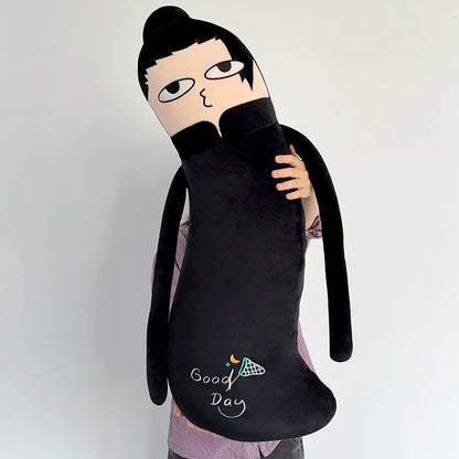 Plush toy with a cartoon face holding a black bag labeled 'Good Day' on a white background Jujutsu Kaisen Cute Derpy 100cm Huggable Memory Foam Body Pillow – Gojo Satoru, Geto Suguru & Itadori Yuuji Ultra-Soft Ergonomic Cuddle Companion Series 2