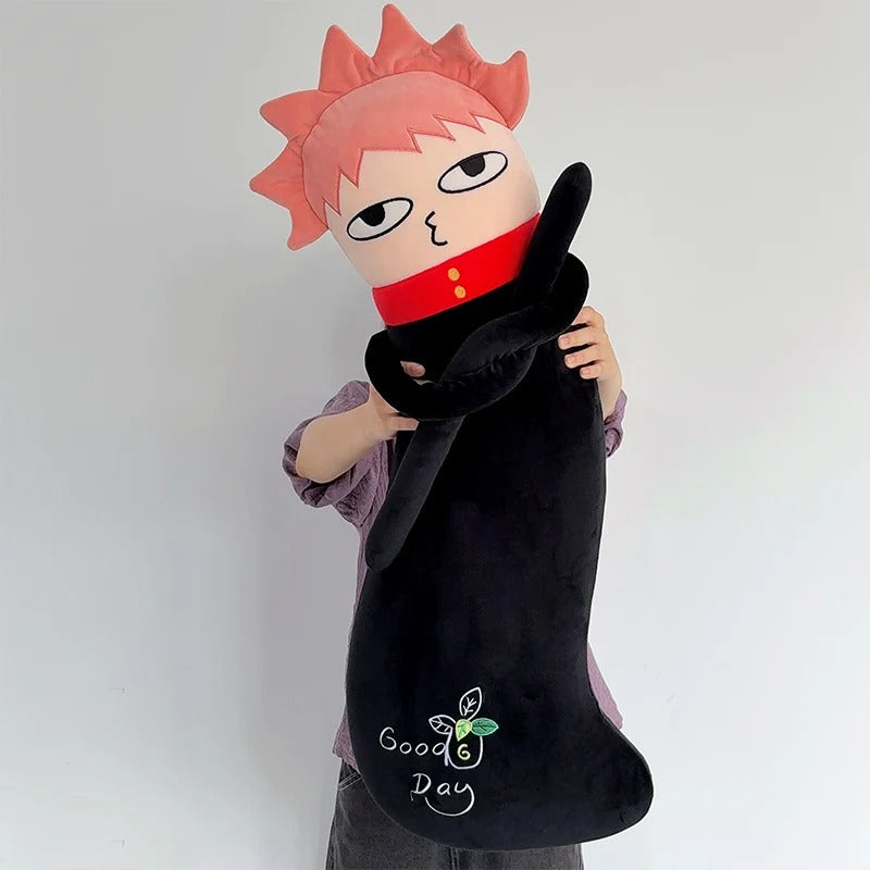 Plush toy of an animated character holding a black bag with 'Good Day' text on a white background Jujutsu Kaisen Cute Derpy 100cm Huggable Memory Foam Body Pillow – Gojo Satoru, Geto Suguru & Itadori Yuuji Ultra-Soft Ergonomic Cuddle Companion Series 3