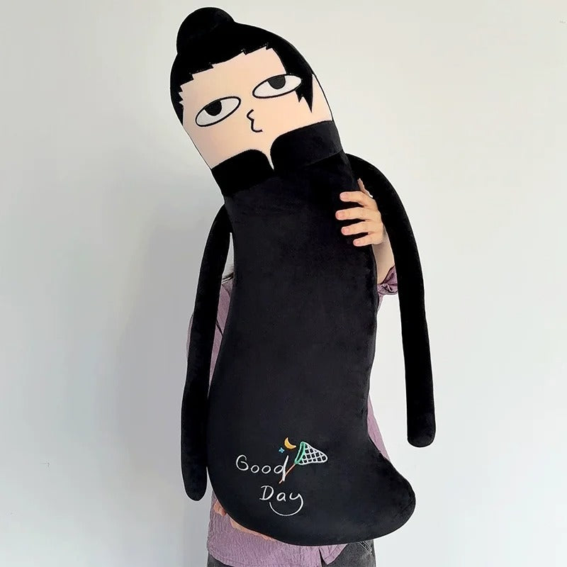 Plush toy with a cartoon face holding a black bag labeled 'Good Day' on a white background Jujutsu Kaisen Cute Derpy 100cm Huggable Memory Foam Body Pillow – Gojo Satoru, Geto Suguru & Itadori Yuuji Ultra-Soft Ergonomic Cuddle Companion Series blac