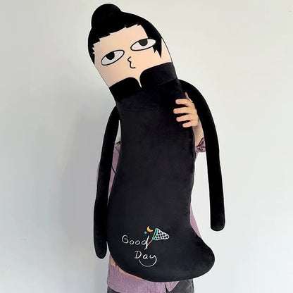 Plush toy with a cartoon face holding a black bag labeled 'Good Day' on a white background Jujutsu Kaisen Cute Derpy 100cm Huggable Memory Foam Body Pillow – Gojo Satoru, Geto Suguru & Itadori Yuuji Ultra-Soft Ergonomic Cuddle Companion Series blac