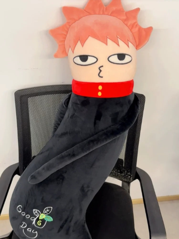 Plush toy with red hair and black clothing draped over a chair, with 'Good Day' logo visible. Jujutsu Kaisen Cute Derpy 100cm Huggable Memory Foam Body Pillow – Gojo Satoru, Geto Suguru & Itadori Yuuji Ultra-Soft Ergonomic Cuddle Companion Series