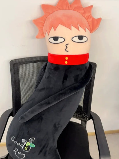 Plush toy with red hair and black clothing draped over a chair, with 'Good Day' logo visible. Jujutsu Kaisen Cute Derpy 100cm Huggable Memory Foam Body Pillow – Gojo Satoru, Geto Suguru & Itadori Yuuji Ultra-Soft Ergonomic Cuddle Companion Series