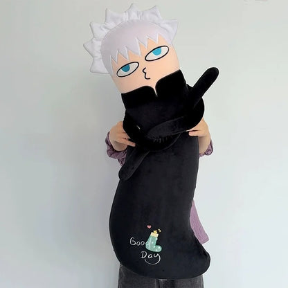 Plush toy with a character wearing a black outfit with 'Good Day' text on a white background Jujutsu Kaisen Cute Derpy 100cm Huggable Memory Foam Body Pillow – Gojo Satoru, Geto Suguru & Itadori Yuuji Ultra-Soft Ergonomic Cuddle Companion Series cute white