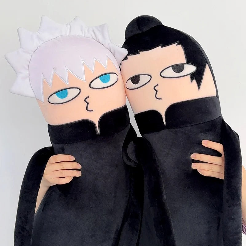Two plush toys resembling characters with black cloaks and white hair on a light gray background Jujutsu Kaisen Cute Derpy 100cm Huggable Memory Foam Body Pillow – Gojo Satoru, Geto Suguru & Itadori Yuuji Ultra-Soft Ergonomic Cuddle Companion Series hug