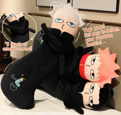Plush toy with cartoon faces and text on a white surface Jujutsu Kaisen Cute Derpy 100cm Huggable Memory Foam Body Pillow – Gojo Satoru, Geto Suguru & Itadori Yuuji Ultra-Soft Ergonomic Cuddle Companion Series kawaii
