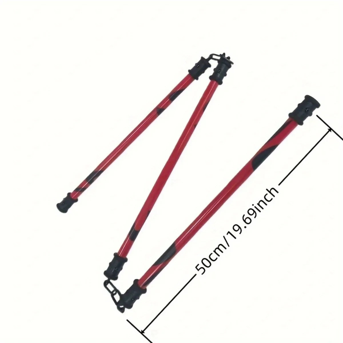 Red and black adjustable walking sticks with measurement details on a white background Jujutsu Kaisen Maki Zenin Authentic 19.7-Inch Sansetsukon Three-Section Staff Cosplay Prop – Special Grade Cursed Tool Playful Cloud Edition