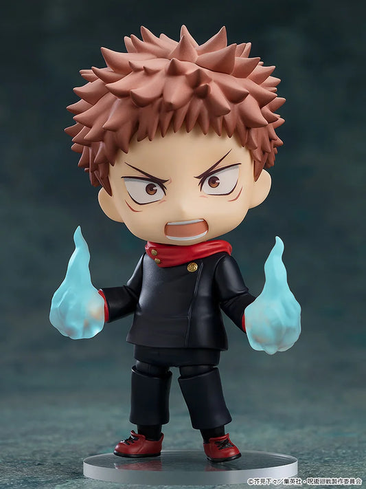 Action figure with spiky hair and red outfit holding blue energy-like effects against a dark background Jujutsu Kaisen Nendoroid No. 1479 Megumi Fushiguro Authentic 10cm Chibi Action Figure – Ten Shadows Technique Edition