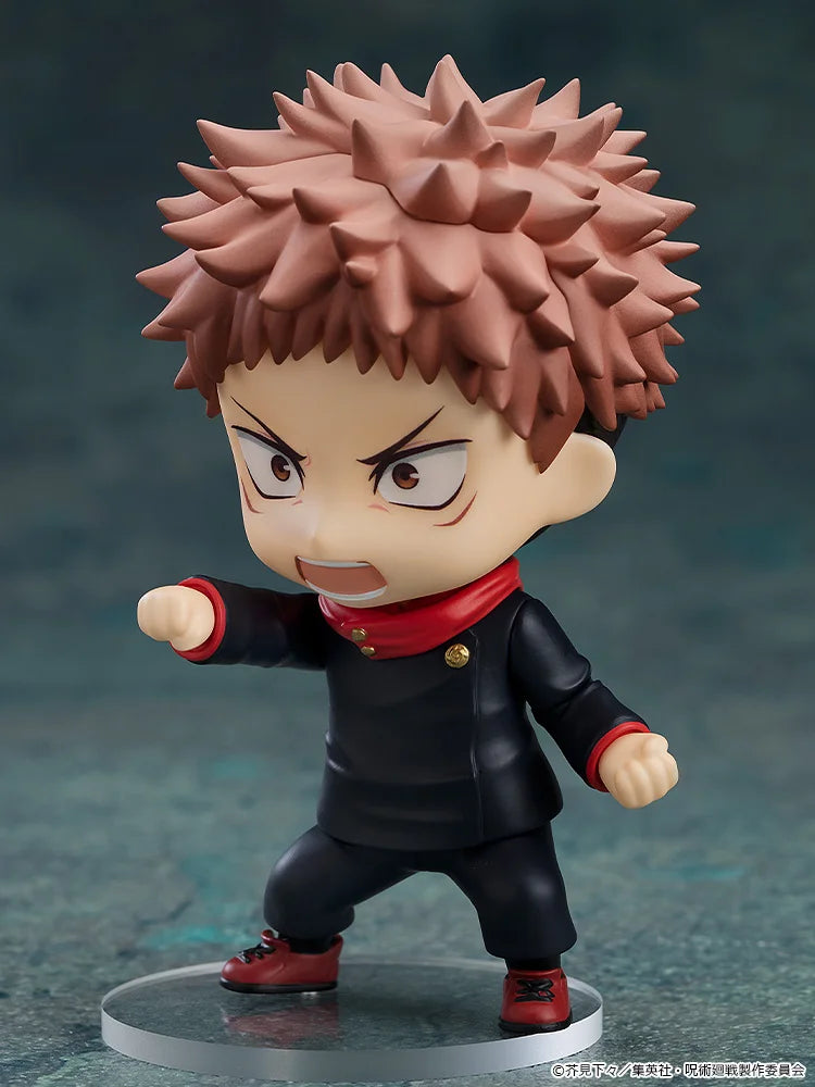 Action figure with spiky hair and black outfit on a gray background Jujutsu Kaisen Nendoroid No. 1479 Megumi Fushiguro Authentic 10cm Chibi Action Figure – Ten Shadows Technique Edition fist