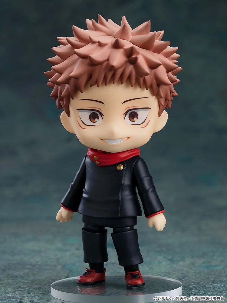 Action figure with spiky hair and black outfit on a gray background Jujutsu Kaisen Nendoroid No. 1479 Megumi Fushiguro Authentic 10cm Chibi Action Figure – Ten Shadows Technique Edition smile