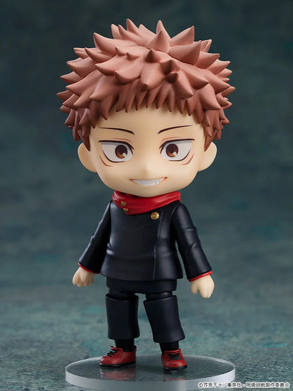 Action figure with spiky hair and black outfit on a gray background Jujutsu Kaisen Nendoroid No. 1479 Megumi Fushiguro Authentic 10cm Chibi Action Figure – Ten Shadows Technique Edition smile
