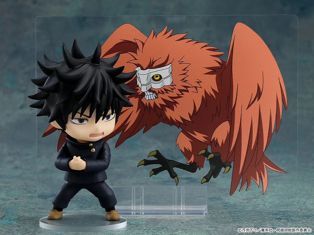 Figurine of a character with black hair and a red creature on a gray background side