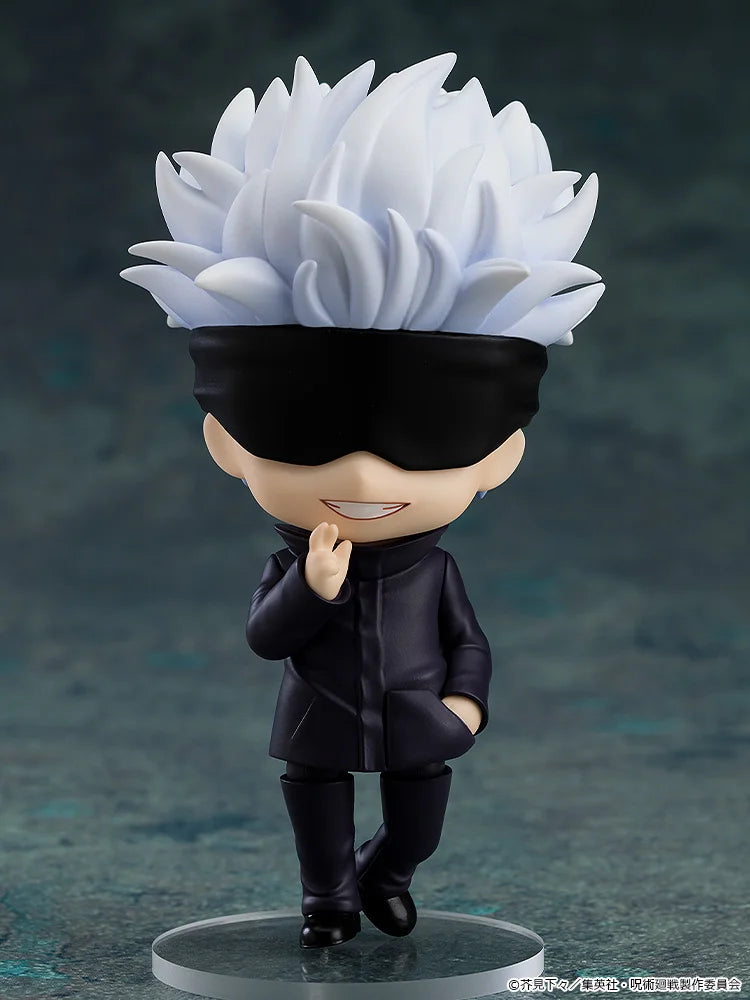 Figurine of a character with white hair and a black blindfold on a dark background Jujutsu Kaisen Nendoroid No. 1528 Satoru Gojo Authentic 10cm Chibi Action Figure – Modern World's Strongest Sorcerer Edition