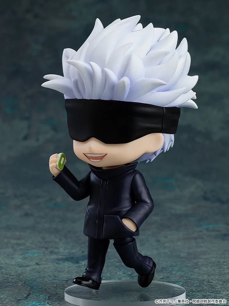 Action figure with white hair and black outfit on a dark background Jujutsu Kaisen Nendoroid No. 1528 Satoru Gojo Authentic 10cm Chibi Action Figure – Modern World's Strongest Sorcerer Edition side