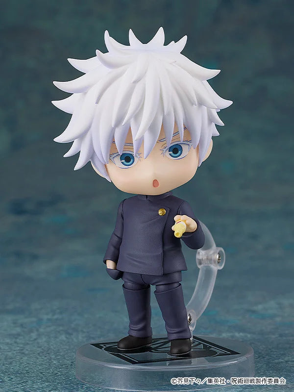 Small figurine with white hair and blue eyes on a dark background Jujutsu Kaisen Nendoroid No. 2205 Satoru Gojo Authentic 10cm Chibi Action Figure cute