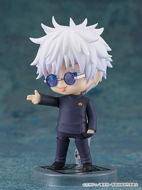 Figurine with white spiky hair and sunglasses on a blue background Jujutsu Kaisen Nendoroid No. 2205 Satoru Gojo Authentic 10cm Chibi Action Figure side