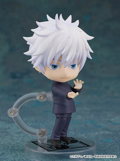 Figurine of a character with white hair and blue eyes on a clear stand against a dark background Jujutsu Kaisen Nendoroid No. 2205 Satoru Gojo Authentic 10cm Chibi Action Figure side