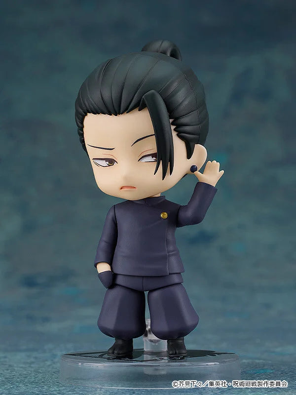 Character figurine with dark hair and traditional outfit on a blue gradient background Jujutsu Kaisen Nendoroid No. 2206 Suguru Geto Authentic 10cm Chibi Action Figure