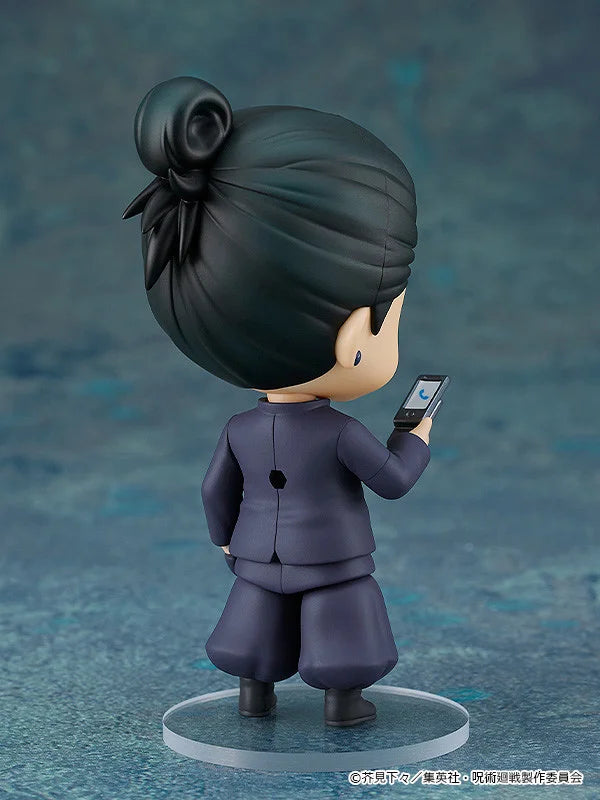 Figurine of a character with dark hair and purple outfit holding a smartphone on a blue textured background Jujutsu Kaisen Nendoroid No. 2206 Suguru Geto Authentic 10cm Chibi Action Figure back