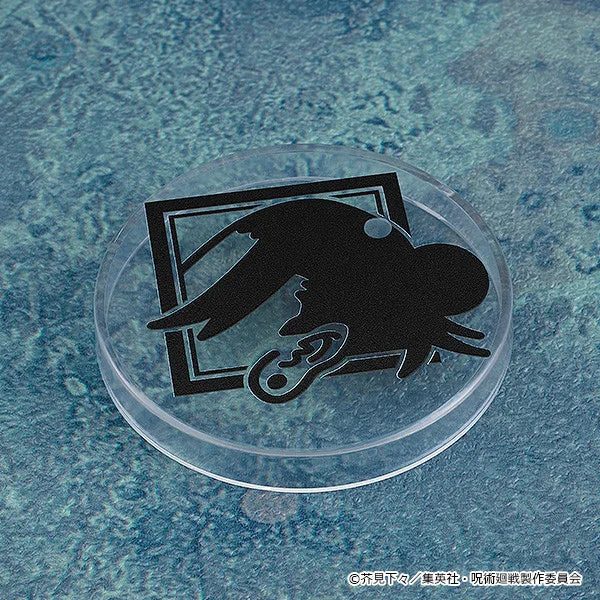 Clear circular object with black silhouette design on a textured blue background Jujutsu Kaisen Nendoroid No. 2206 Suguru Geto Authentic 10cm Chibi Action Figure base