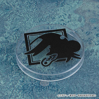 Clear circular object with black silhouette design on a textured blue background Jujutsu Kaisen Nendoroid No. 2206 Suguru Geto Authentic 10cm Chibi Action Figure base