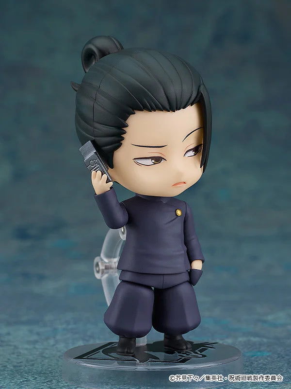 Action figure of a character holding a phone on a blue textured background Jujutsu Kaisen Nendoroid No. 2206 Suguru Geto Authentic 10cm Chibi Action Figure