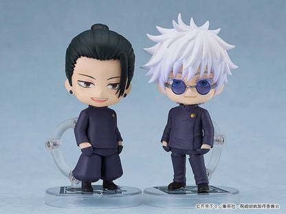 Two figurines of characters from a anime or manga series on clear stands against a light blue background. Jujutsu Kaisen Nendoroid No. 2206 Suguru Geto Authentic 10cm Chibi Action Figure scene 