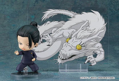 Action figure of a character in a dark outfit with a large white dragon illustration in the background. Jujutsu Kaisen Nendoroid No. 2206 Suguru Geto Authentic 10cm Chibi Action Figure whole