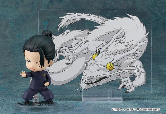 Action figure of a character in a dark outfit with a large white dragon illustration in the background. Jujutsu Kaisen Nendoroid No. 2206 Suguru Geto Authentic 10cm Chibi Action Figure whole