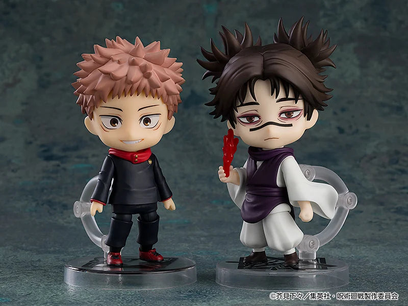 Two figurines on stands against a dark background Jujutsu Kaisen Nendoroid No. 2290 Choso Authentic 10cm Chibi Action Figure scene