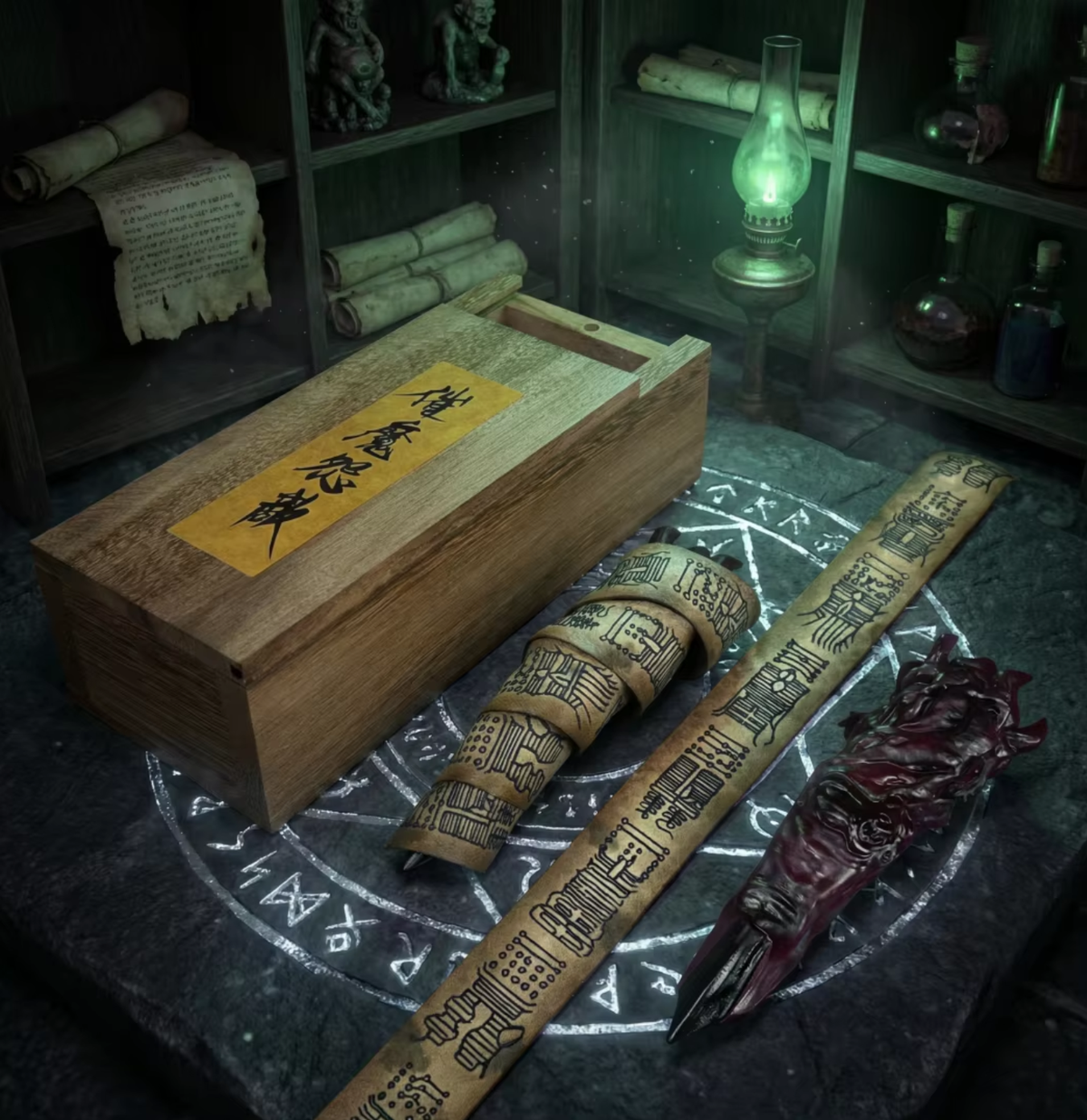 A wooden box with a yellow label marked in black calligraphy, alongside a rolled scroll, a long engraved wooden rod, and a dark red dried specimen on a stone surface with white occult markings. Shelves in the background hold books, bottles, and a glowing green lamp in a dim, atmospheric room. Jujutsu Kaisen Ryomen Sukuna Cursed Finger Authentic Figurine Prop Replica Set – Special Grade Cursed Object Edition with Talisman-Sealed Wooden Storage Box