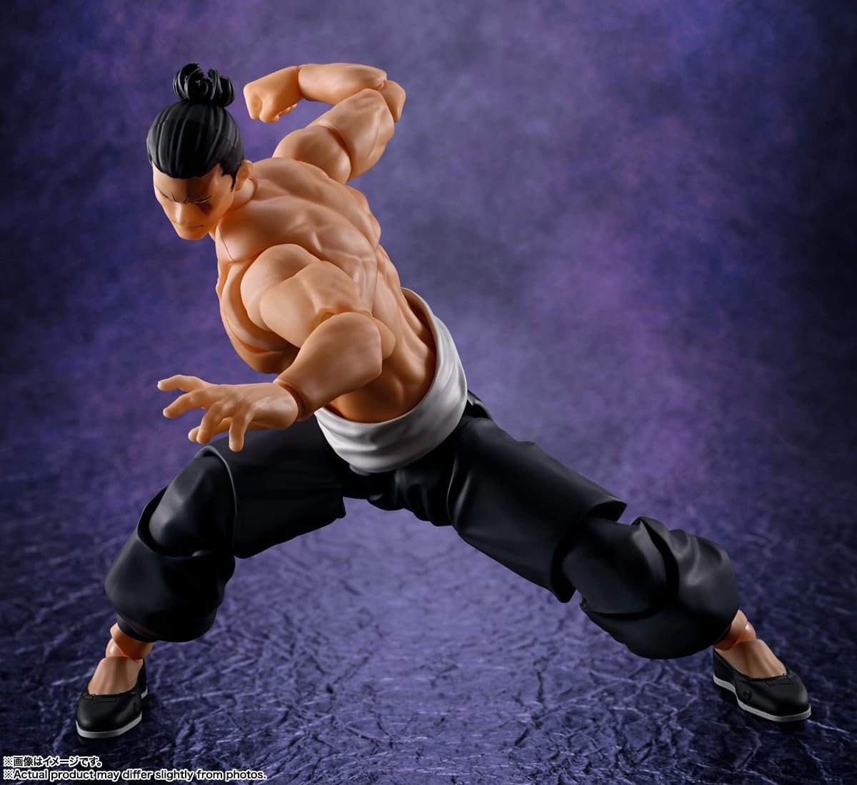 Action figure in dynamic pose against a textured purple background Jujutsu Kaisen S.H.Figuarts Aoi Todo Authentic 16cm Articulated Action Figure – Kyoto High Grade 1 Boogie Woogie Edition