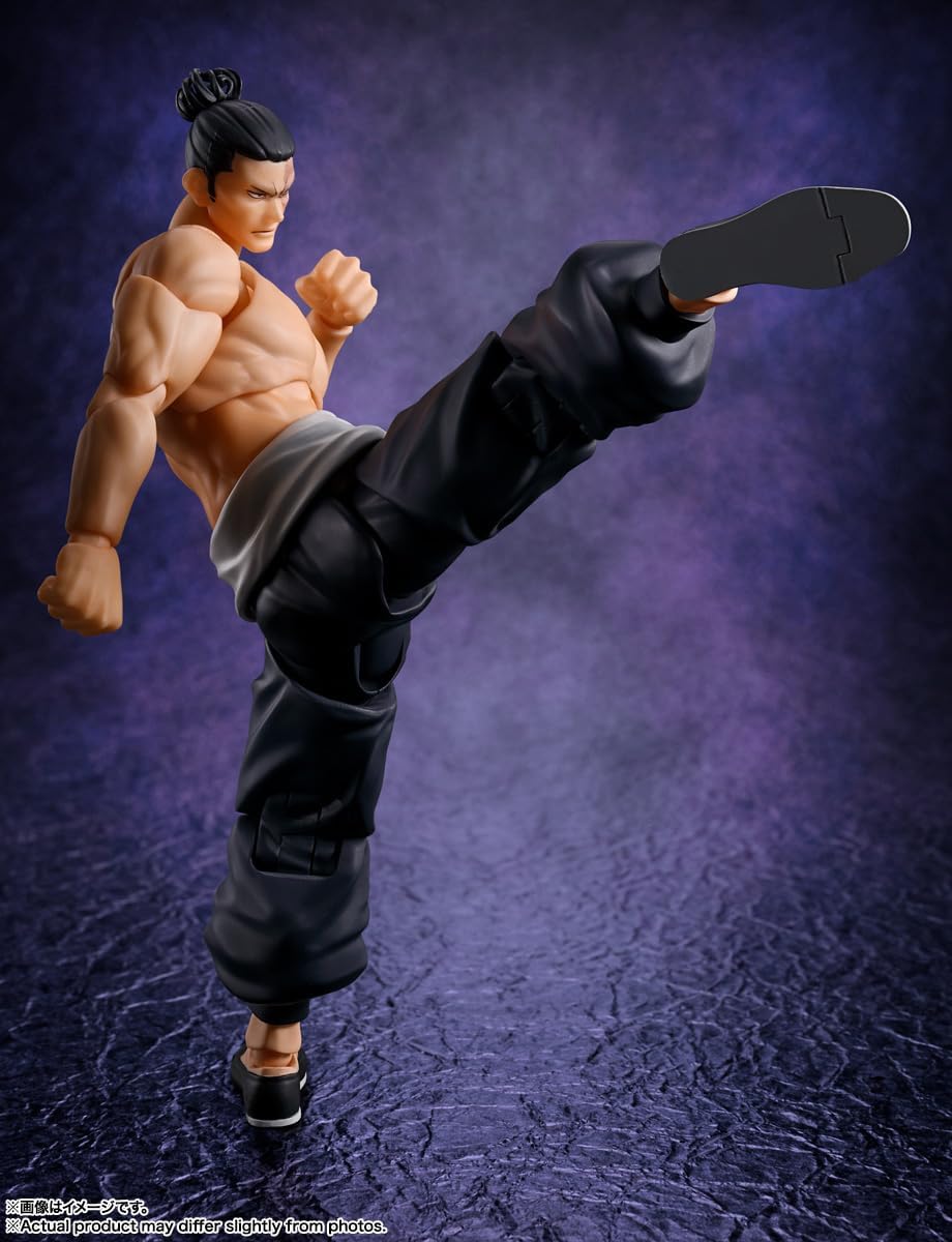 Action figure of a muscular character in a dynamic pose on a textured purple background Jujutsu Kaisen S.H.Figuarts Aoi Todo Authentic 16cm Articulated Action Figure – Kyoto High Grade 1 Boogie Woogie Edition