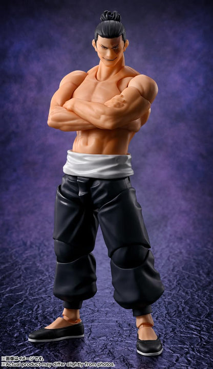 Muscular figure in black pants and white shirt against a dark purple background Jujutsu Kaisen S.H.Figuarts Aoi Todo Authentic 16cm Articulated Action Figure – Kyoto High Grade 1 Boogie Woogie Edition