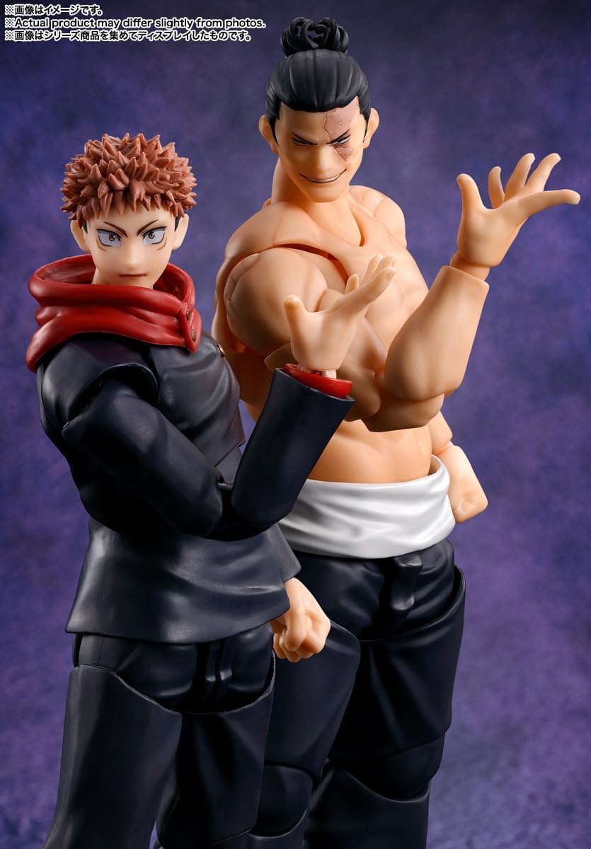 Two action figures against a purple background Jujutsu Kaisen S.H.Figuarts Aoi Todo Authentic 16cm Articulated Action Figure – Kyoto High Grade 1 Boogie Woogie Edition