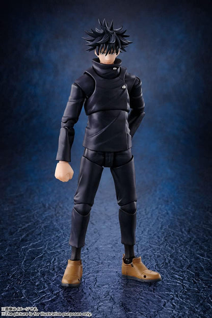Action figure in black outfit with brown shoes on a textured blue background Jujutsu Kaisen S.H.Figuarts Megumi Fushiguro Authentic 15cm Articulated Action Figure front