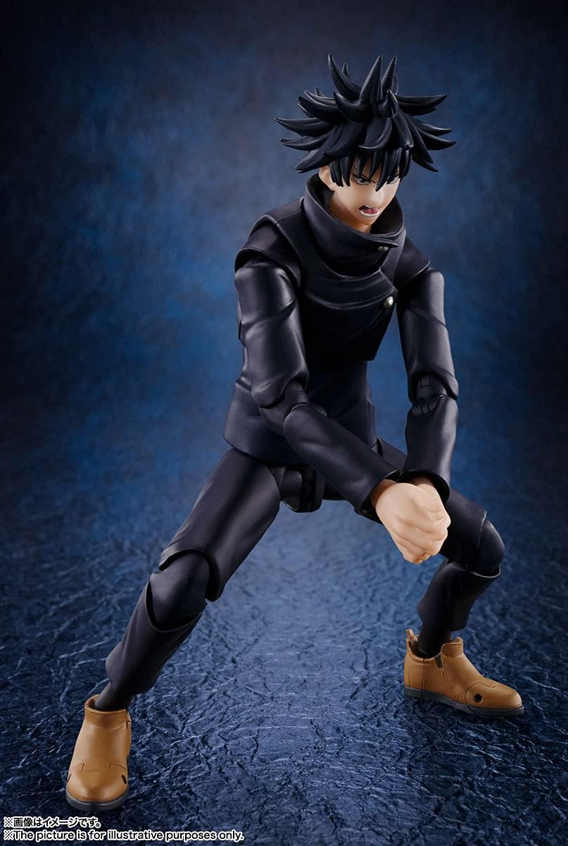 Action figure in black outfit with brown shoes on a dark blue background Jujutsu Kaisen S.H.Figuarts Megumi Fushiguro Authentic 15cm Articulated Action Figure fight