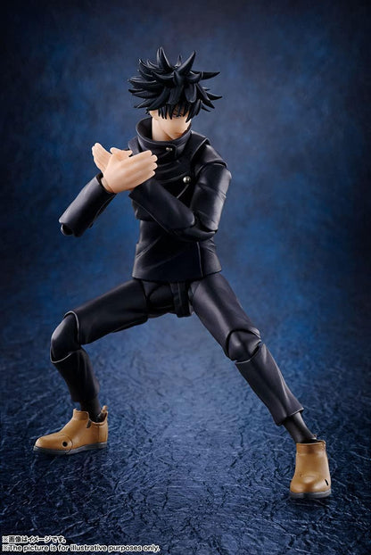Action figure in black outfit with brown shoes on a dark blue background Jujutsu Kaisen S.H.Figuarts Megumi Fushiguro Authentic 15cm Articulated Action Figure