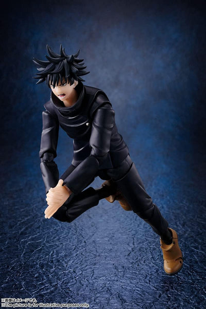 Action figure of a character in black outfit on a dark blue textured background Jujutsu Kaisen S.H.Figuarts Megumi Fushiguro Authentic 15cm Articulated Action Figure side