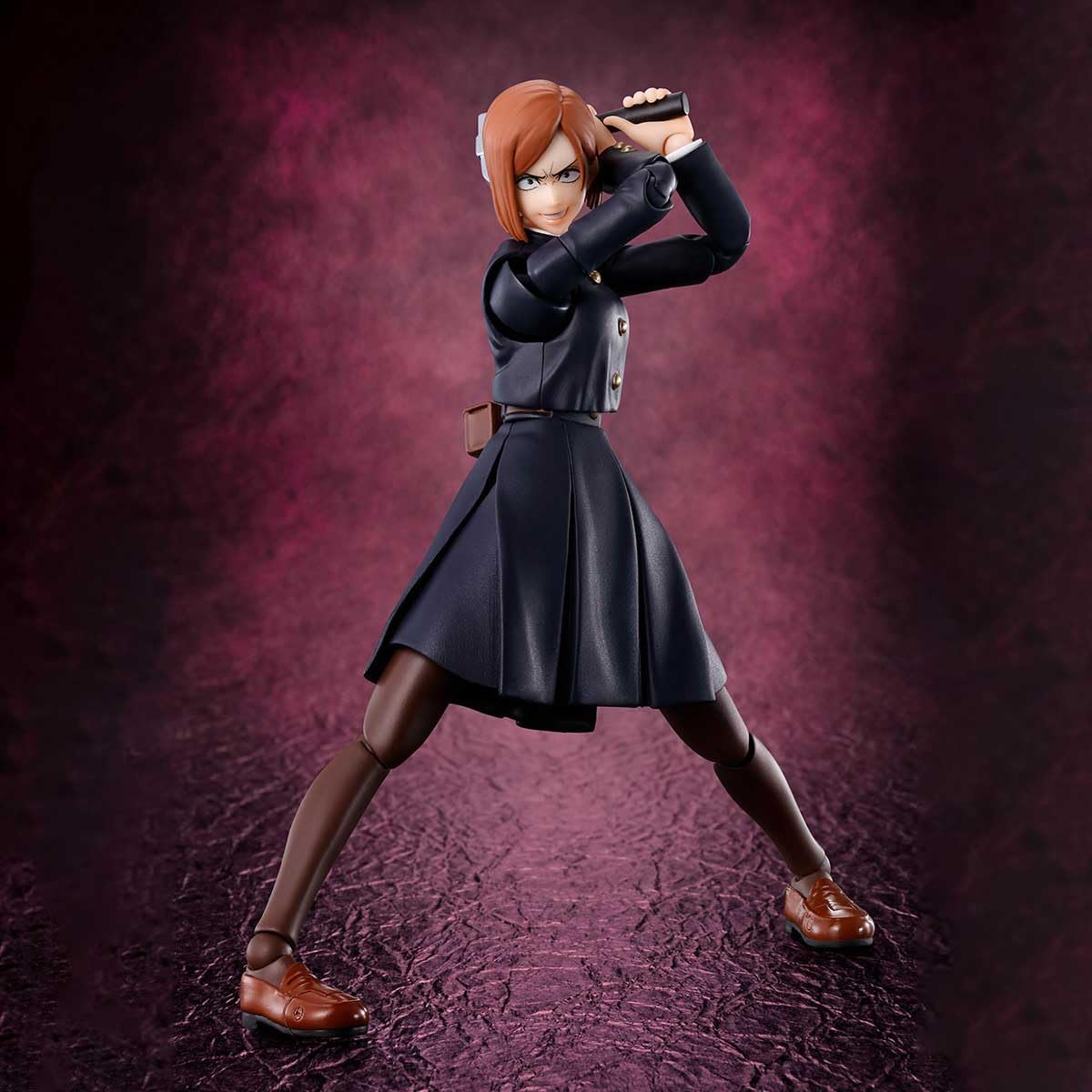Action figure in a dynamic pose against a dark purple background Jujutsu Kaisen S.H.Figuarts Nobara Kugisaki Authentic 13.5cm Articulated Action Figure – Straw Doll Technique Edition fight