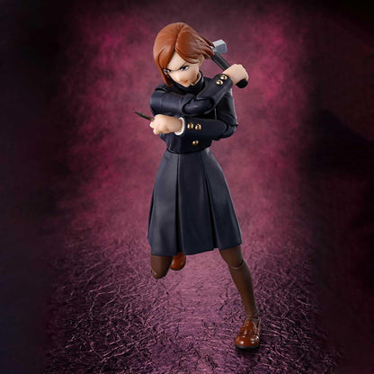 Action figure in a black outfit with a weapon on a textured purple background Jujutsu Kaisen S.H.Figuarts Nobara Kugisaki Authentic 13.5cm Articulated Action Figure – Straw Doll Technique Edition fight pose