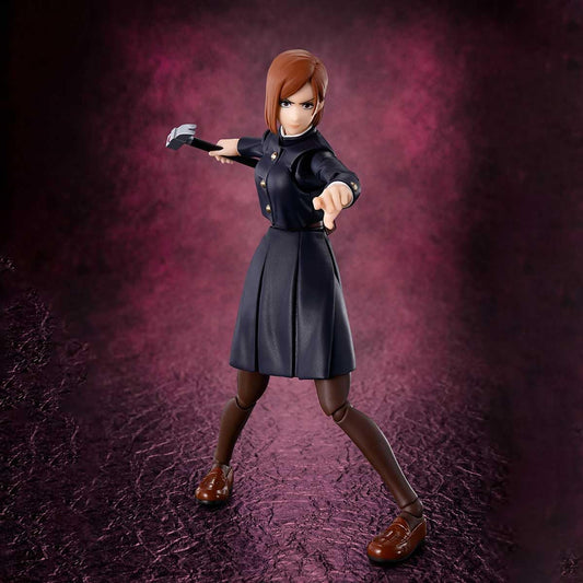 Action figure in a dark outfit with a weapon on a textured purple background Jujutsu Kaisen S.H.Figuarts Nobara Kugisaki Authentic 13.5cm Articulated Action Figure – Straw Doll Technique Edition