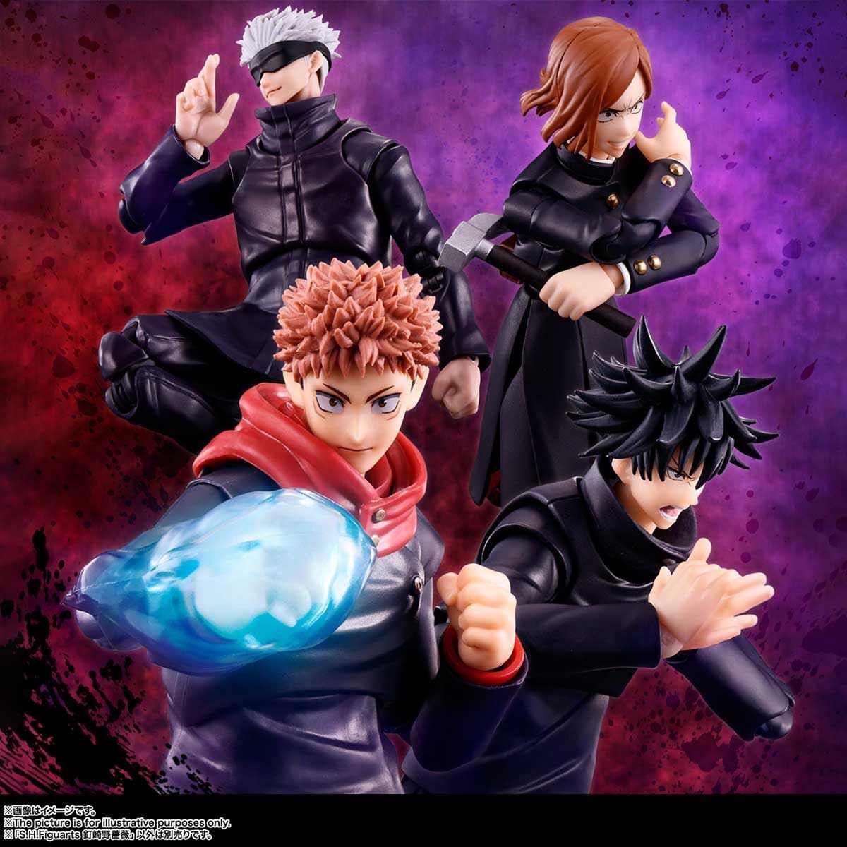 Four animated character figurines against a purple and red background Jujutsu Kaisen S.H.Figuarts Nobara Kugisaki Authentic 13.5cm Articulated Action Figure – Straw Doll Technique Edition scene
